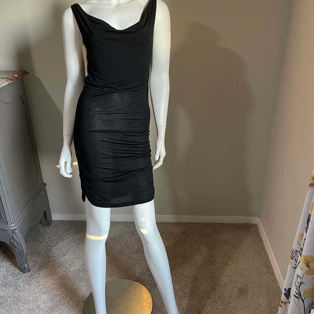 BCBGMaxAzria Black Ruched Cowl Neck Mini Dress